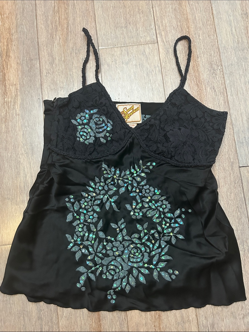 VTG soul revival black silk blend embroidered sequin camisole top S Y2K